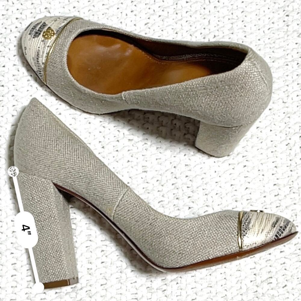 Tory Burch SZ 7 Beige Canvas Block Heel - Picture 9 of 10